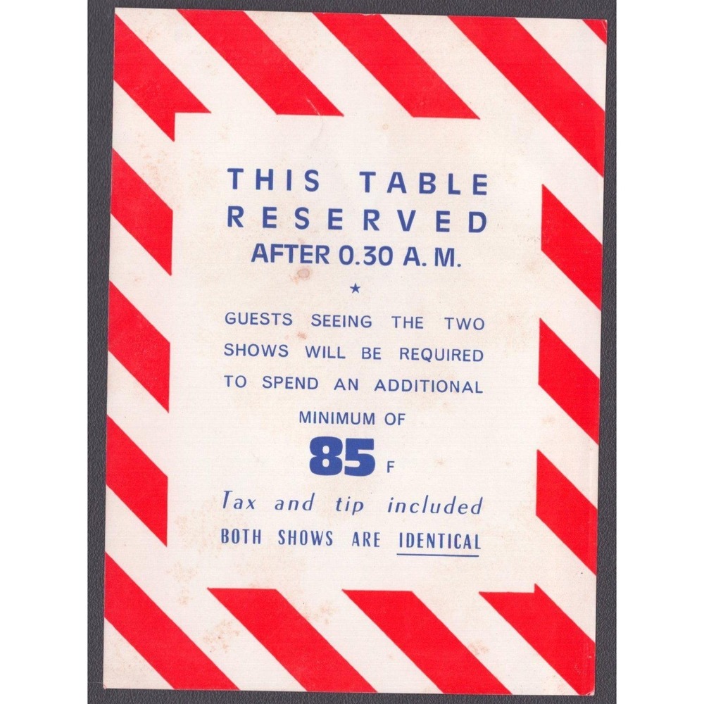 Vintage Cabaret Table Reservation Card Red White Striped French English VG